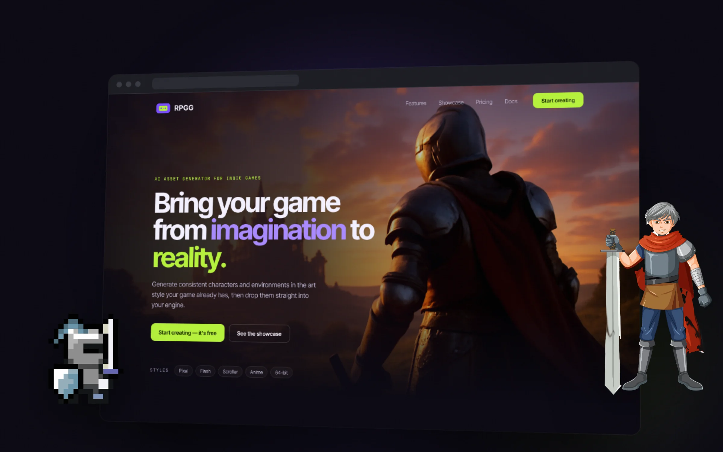 RPGG landing page hero with a knight in a fantasy landscape